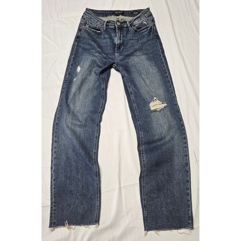 Judy Blue Dad Jean Women 7/28 Blue Distressed Raw Hem Straight Leg JB88580 DK